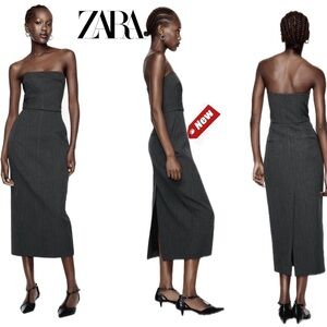 Zara gray strapless midi pencil dress pockets slit Sz S NWT